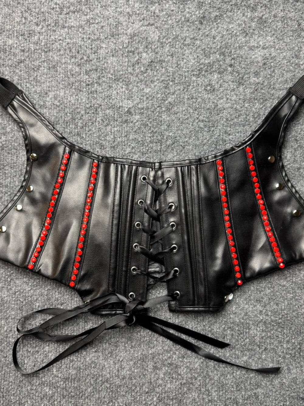 Punk Goth Faux Leather Corset Belt Red Rhinestone Studded Lace Up Waist Cinch